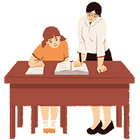 先生と一緒に机で学習する子ども