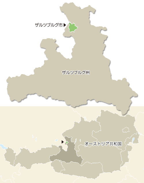 オーストリアでのザルツブルク市の位置を表した地図。オーストリアのザルツブルク州の中央北側に位置。
